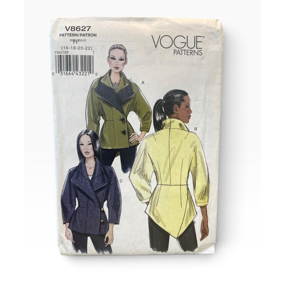 Vogue Sewing Pattern Misses 16 18 20 22 V8627 Lined Shawl Collar Jacket Uncut FF